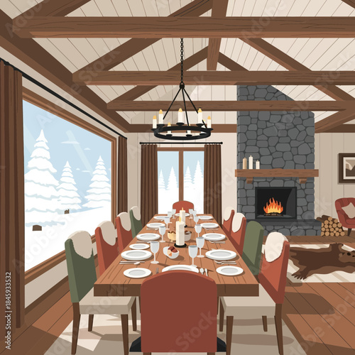 Cozy rustic dining room set for family gatherings with a large table and a fireplace during winter