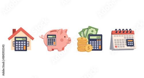 Financial planning icons: house, piggy bank, money, and calendar with calculators