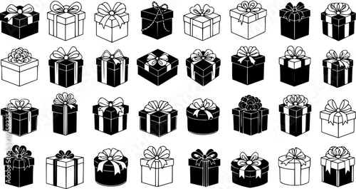 Assorted black and white gift boxes and presents collection, featuring outlined and solid silhouette designs with decorative bows for holidays, birthdays, and celebrations.