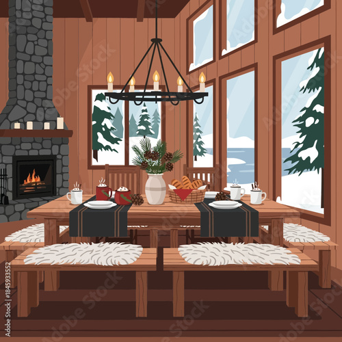 Cozy rustic dining room with large windows overlooking snowy winter landscape and a warm fireplace