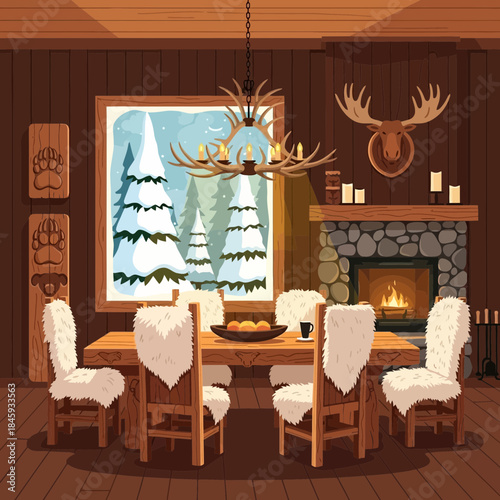 Cozy rustic dining room with snow-covered window view and woodland decor
