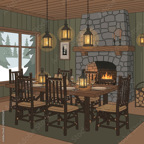 Cozy rustic dining room with stone fireplace and wooden furniture for gatherings