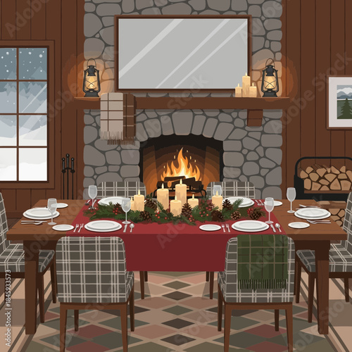 Cozy rustic dining room with stone fireplace and holiday centerpiece for festive gathering