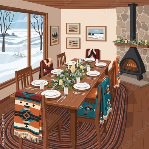 Cozy winter holiday dining room with decorated fireplace and table set for family gathering