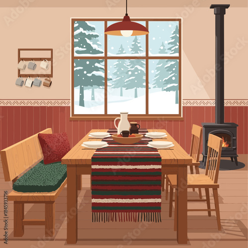 Cozy winter interior with a rustic wooden dining table set near large snow-covered window creating