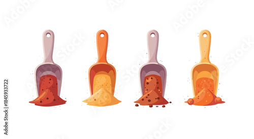Four scoops of colorful spices and powders on a white background