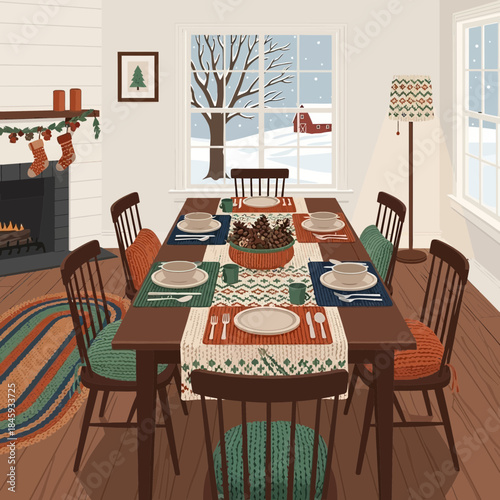 Cozy winter family dining room decorated for the holidays with a Christmas cake and festive