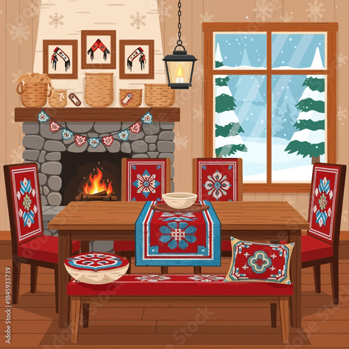 Cozy winter-themed dining room with rustic fireplace and festive decorations