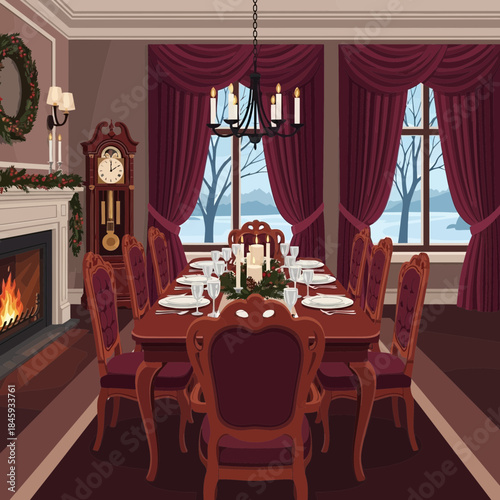 Elegant Victorian Dining Room with Large Window View and Classic Decor