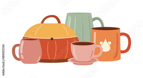 Collection of colorful ceramic mugs and a coffee cup with saucer