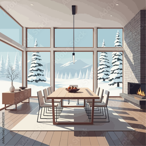 modern cozy dining room with large windows overlooking snow-covered landscape with fireplace