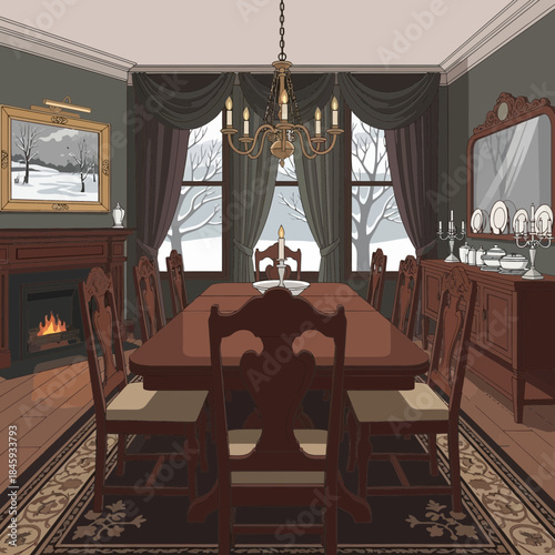 Elegant Victorian Dining Room with Large Windows, Antique Furniture and Crystal Chandelier