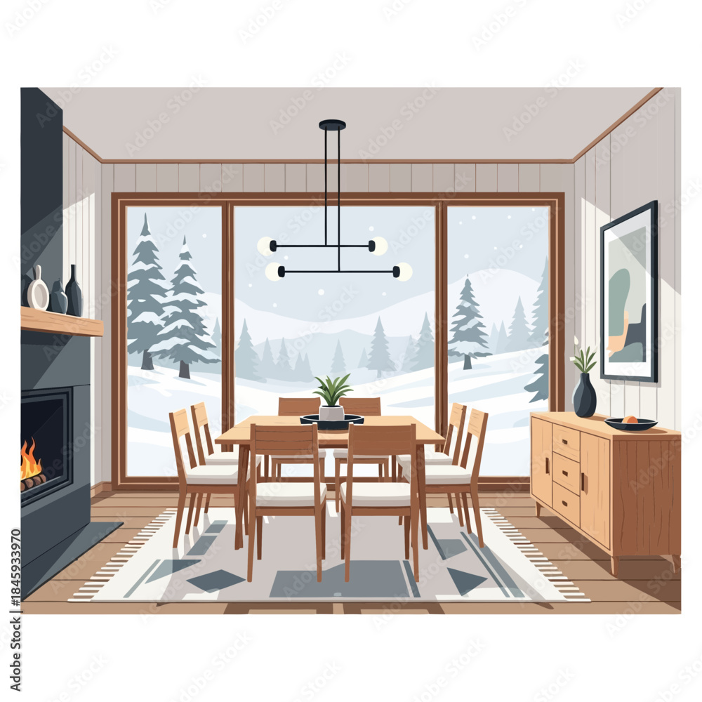 Obraz premium Cozy modern dining room with large window overlooking snowy winter landscape during daytime