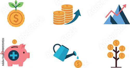Money growth icons: coin plant, stacks, graph, piggy bank, watering can, money tree