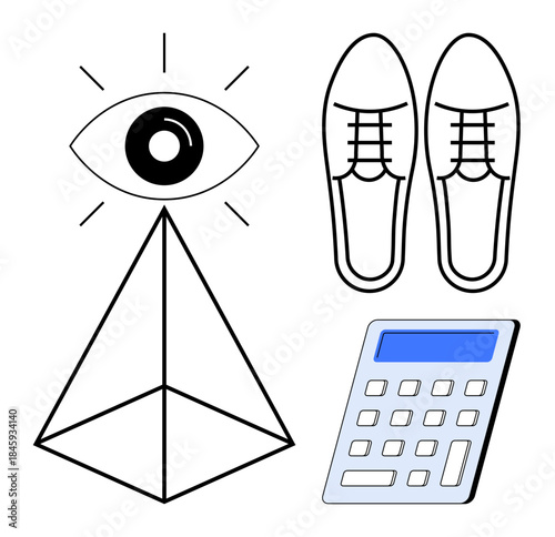 Vision, business strategy, leadership, financial planning, decision-making, personal growth. Eye above pyramid, formal shoes and calculator . Vision and business strategy concepts