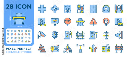 Road infrastructure pixel perfect line color icons set. Traffic organization system. Transportation development. Vector illustrations. Simple flat colorful symbols collection. Editable stroke
