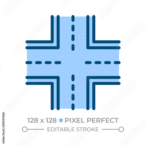 Intersection pixel perfect line color icon. Two roads meet, cross and join at same level. Change direction point. Isolated vector illustration. Flat colorful symbol design. Editable stroke