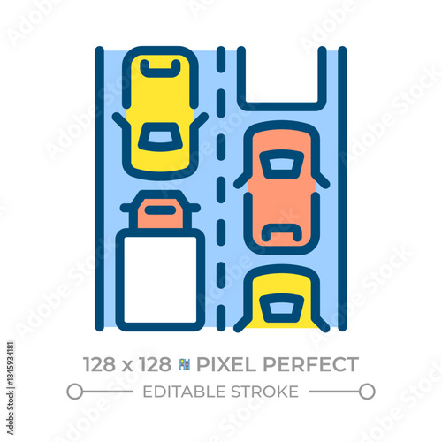 Traffic jam pixel perfect line color icon. Slower speeds and longer trip times for vehicles. Road infrastructure problems. Isolated vector illustration. Flat colorful symbol design. Editable stroke