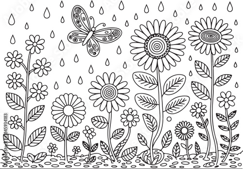 Spring garden doodle with flowers butterflies and raindrops nature background