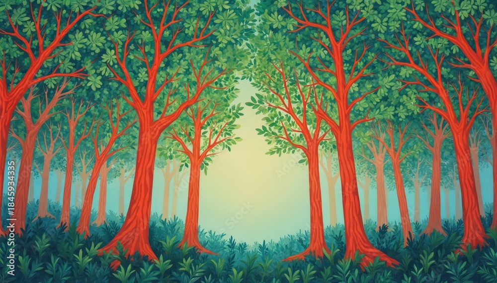 Fototapeta premium Vibrant forest scene with red tree trunks and green foliage. Sunlight filters through canopy creating misty glow. Rich undergrowth covers ground. Stylized illustration depicts nature.