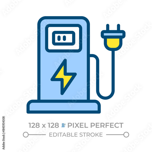 Charging station pixel perfect line color icon. EV charge point. Recharge electric vehicle. Road infrastructure. Isolated vector illustration. Flat colorful symbol design. Editable stroke