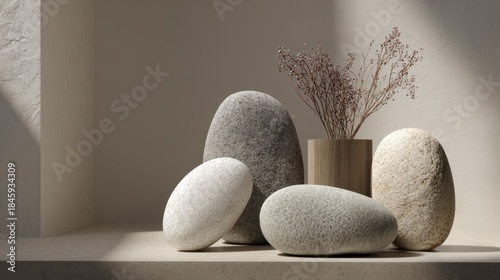Wallpaper Mural A serene composition showcases smooth, textured stones in varying shapes and sizes, complemented by dried foliage in a wooden vessel. Subtle shadows accentuate the natural forms Torontodigital.ca
