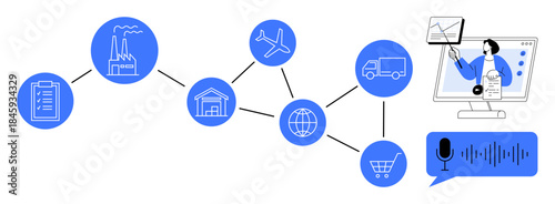Supply chain process. Supply chain icons depict production, warehousing, transport, and global logistics. Supply chain integration with communication tools for technology and business optimization