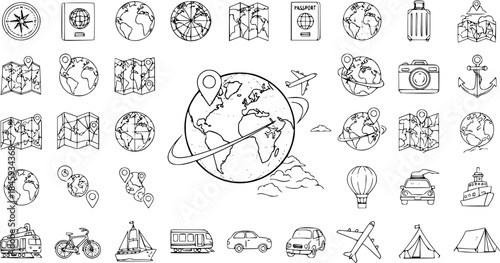 Hand Drawn Doodle Travel and Tourism Icons Collection. Vacation, Journey, Destination Line Art Elements with World Map, Compass, Airplane, Car, Ship, Train, Passport, and Luggage.