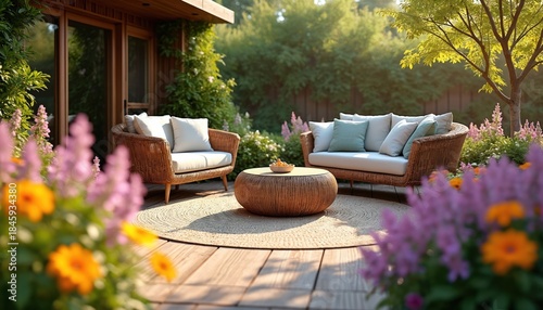 Cozy outdoor living space features wicker furniture and colorful blooms. A wooden deck patio with a coffee table offers a relaxing spot surrounded by rich garden plants. Perfect for serene moments.
