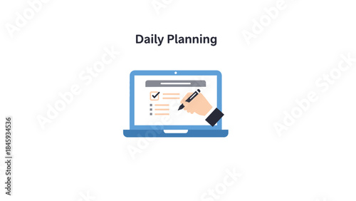 Laptop screen showing daily planning checklist with hand holding pen.