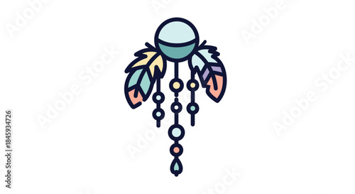 Colorful boho-style amulet or dreamcatcher with feathers and beads, illustrated in a simple, modern line art flat design.