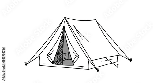 A simple black and white line art drawing of a classic A-frame tent for camping, adventure, and outdoor recreation.