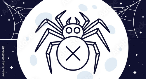 Spooky Halloween illustration featuring a large spider outline against a full moon, with a starry night sky and spiderwebs in the corners of the frame.
