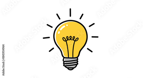 Bright yellow light bulb doodle with radiating lines, symbolizing a great idea, creativity, innovation, and inspiration, on a clean white background.