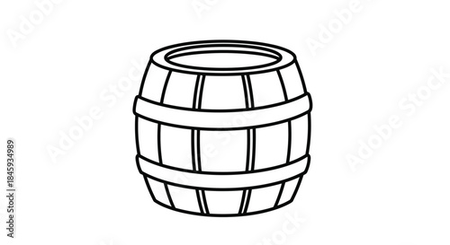 Black and white outline illustration of a classic wooden barrel or cask, used for storing wine, beer, or other goods, isolated on a white background.