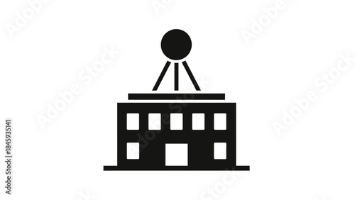 Modern Building with Satellite Dish Icon.