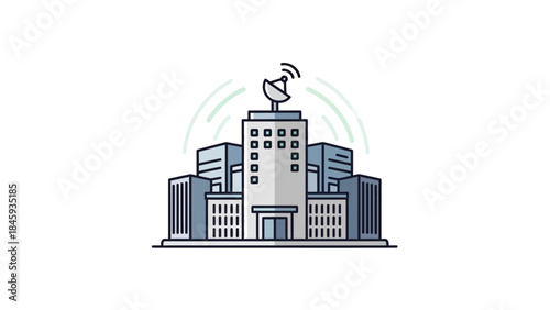 Modern Office Building with Satellite Dish on Roof.