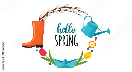 Hello Spring circular wreath composition with seasonal elements like a watering can, rubber boot, tulips, and a paper boat for a cheerful greeting.
