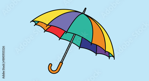 Colorful cartoon illustration of an open umbrella with multi-colored panels, isolated against a solid light blue background representing rain protection.