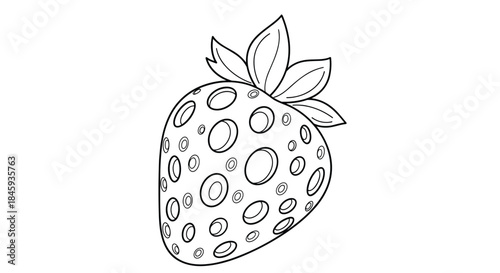 A fun and creative black and white outline of a strawberry with circles instead of seeds, perfect as a unique coloring page for kids and adults.