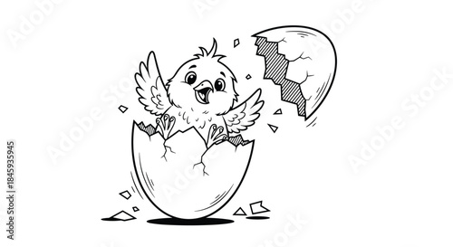 Adorable cartoon baby chick happily hatching from a cracked egg, illustrated in a black and white line art coloring page style.