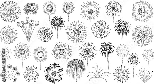 Hand-drawn black and white line art vector illustrations of various fireworks, including abstract, floral, and traditional burst designs for celebrations.