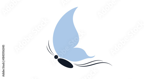 Elegant and minimalist illustration of a light blue butterfly in profile, captured in mid-flight with graceful trailing lines.