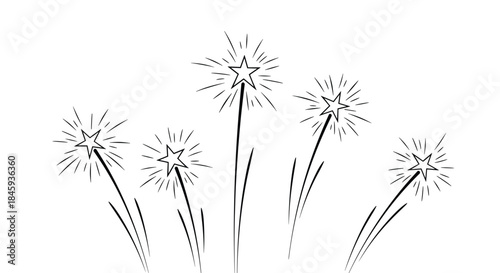A simple black and white line art drawing of celebratory fireworks with five star-shaped bursts shooting into the sky.