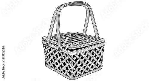 A detailed black and white line art illustration of a vintage wicker picnic basket with a lid and handle in an engraved style.