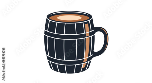 A rustic illustration of a dark wooden beer mug or tankard filled with a frothy beverage, perfect for pubs and festivals.