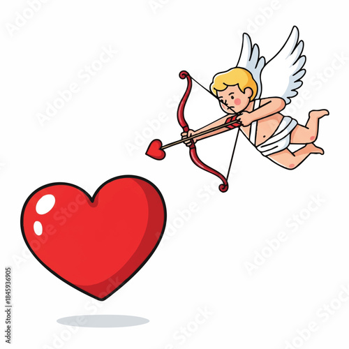 Cartoon cupid with white wings and blonde hair aiming a red bow and arrow at a large red heart on a white background with a playful and romantic mood.