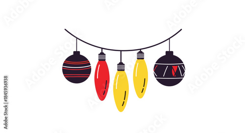 A festive string of Christmas lights with colorful baubles and bulbs, illustrated in a simple and modern flat design style.