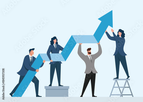 Business team working together to lift an upward arrow symbolizing growth, success, and progress, Teamwork for Business Growth, Collaborative Problem Solving, Leadership and Support