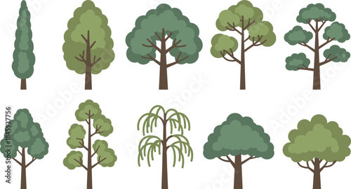 Flat Vector Tree Collection – Green Forest and Garden Trees Illustration Set